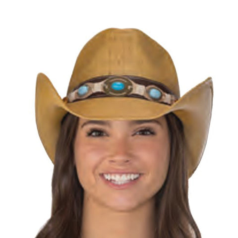  TOYO HONDO WESTERN STRAW HAT
W/TURQUOISE MEDALLIONS 
BROWN LEATHER LOOK BAND