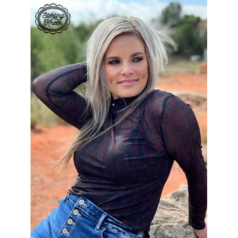 Black Mesh Long Sleeve Shirt with Red Boot Stitching Design