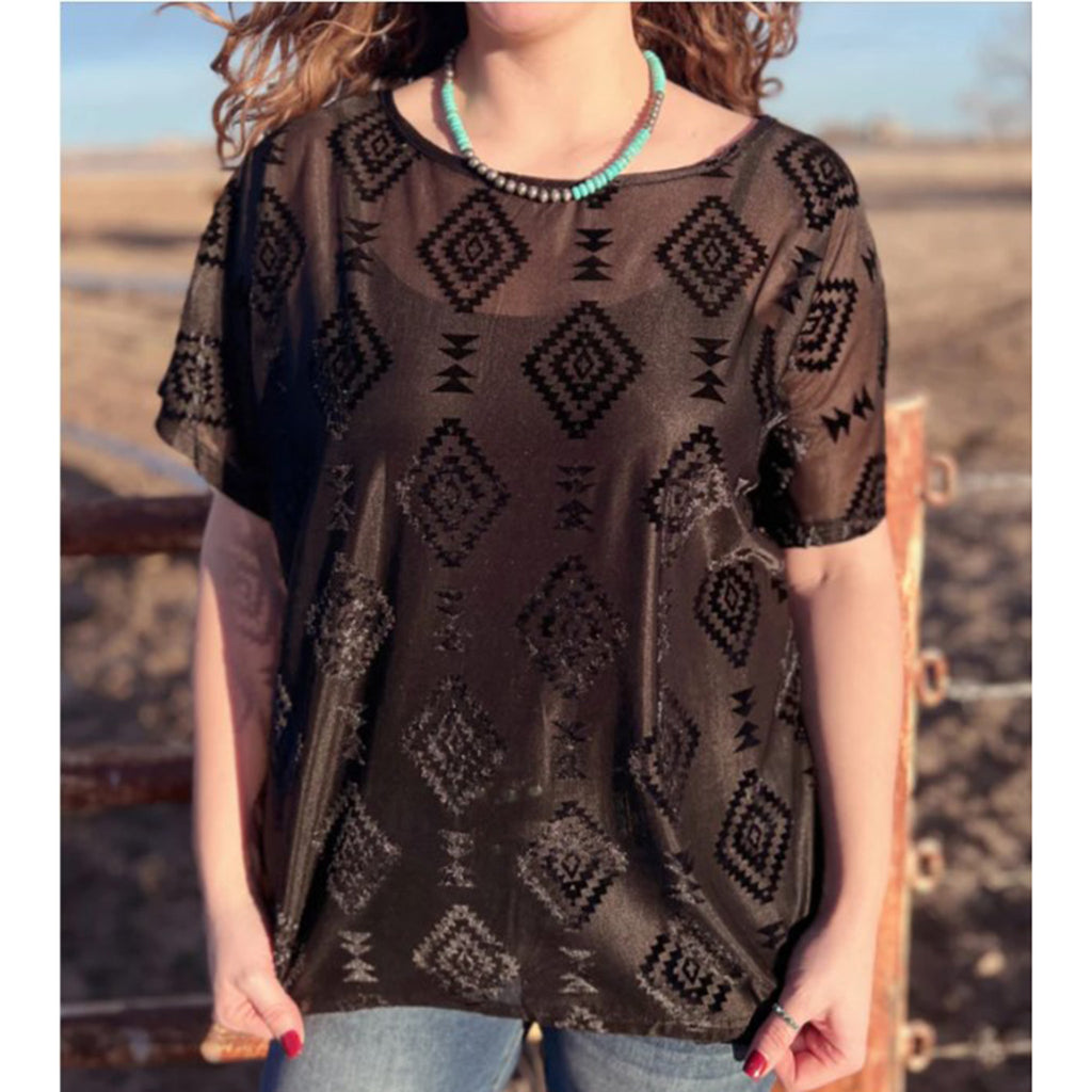 Black Velvet Aztec Design Short Sleeve Mesh Top