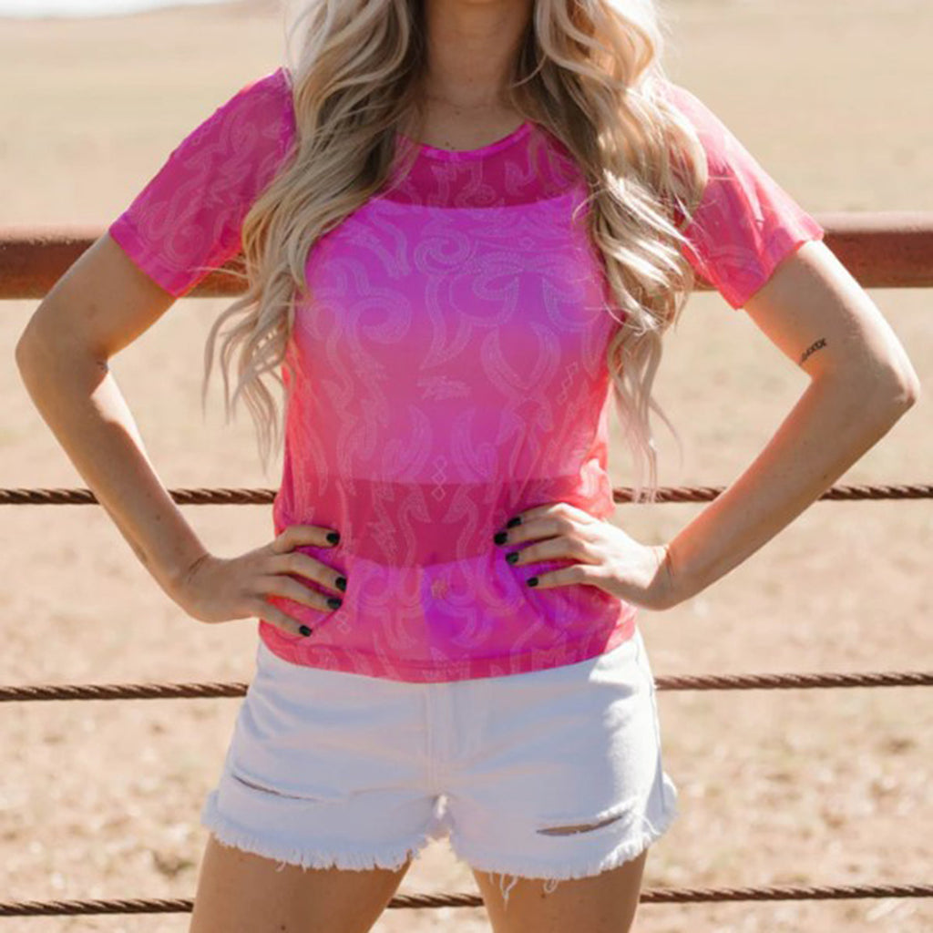 Pink Mesh Short Sleeve Top with White Boot Stitching
