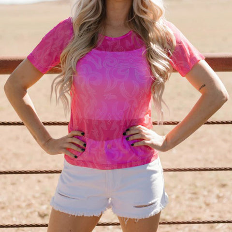 Pink Mesh Short Sleeve Top with White Boot Stitching