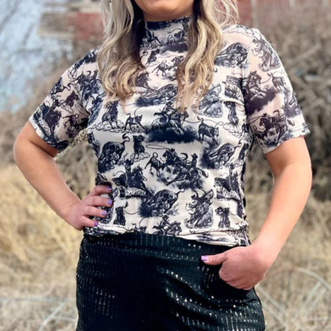White Mesh Short Sleeve Top with Black Drawings of Rodeo Events