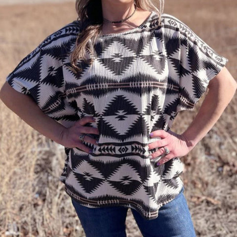 Large Black and White Aztec Print Short Sleeve Stretchy Ribbed Top