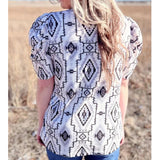 Women's White & Grey Aztec Puff Sleeve Short Sleeve