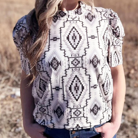 White and Grey Aztec Print Short Puffed Sleeves Top