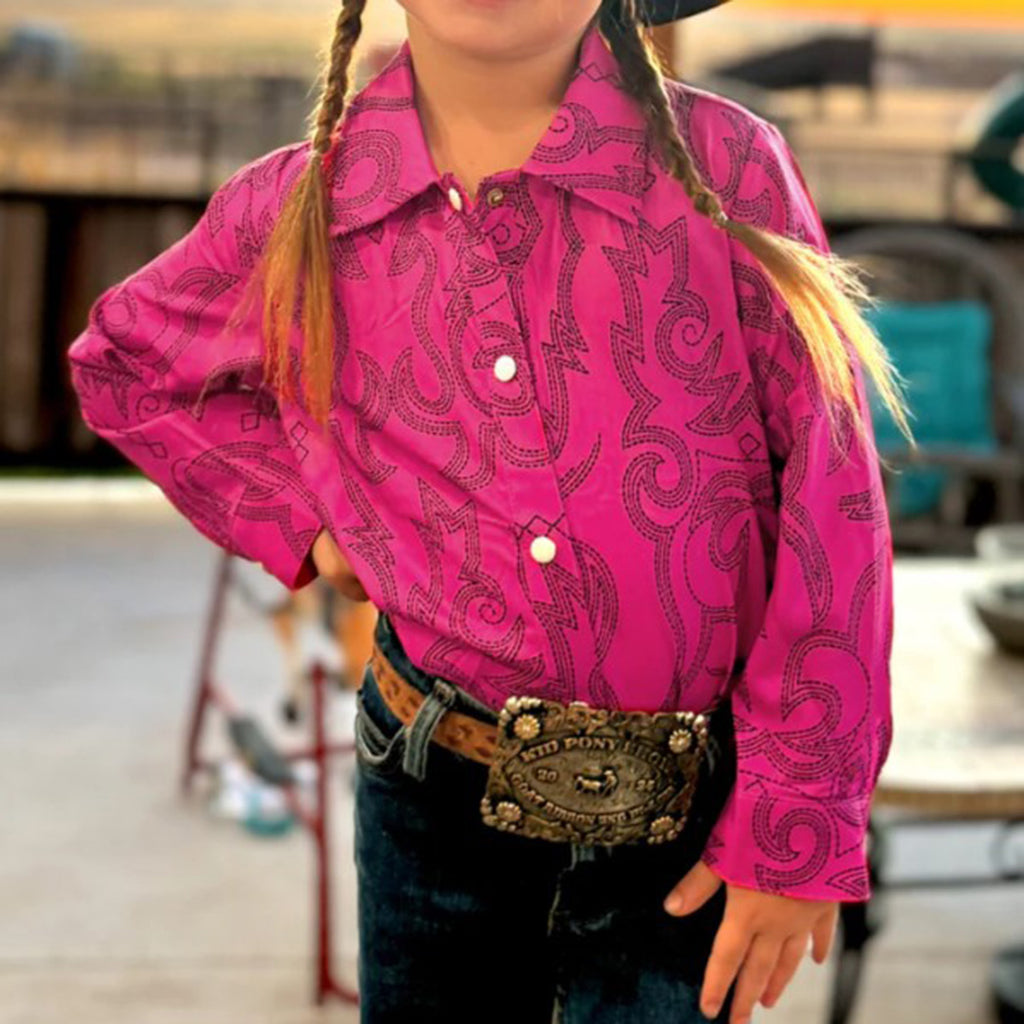 Pink Long Sleeve Snap Shirt with Black Boot Stitching Design