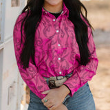 Pink Long Sleeve Snap Shirt with Black Boot Stitching Design