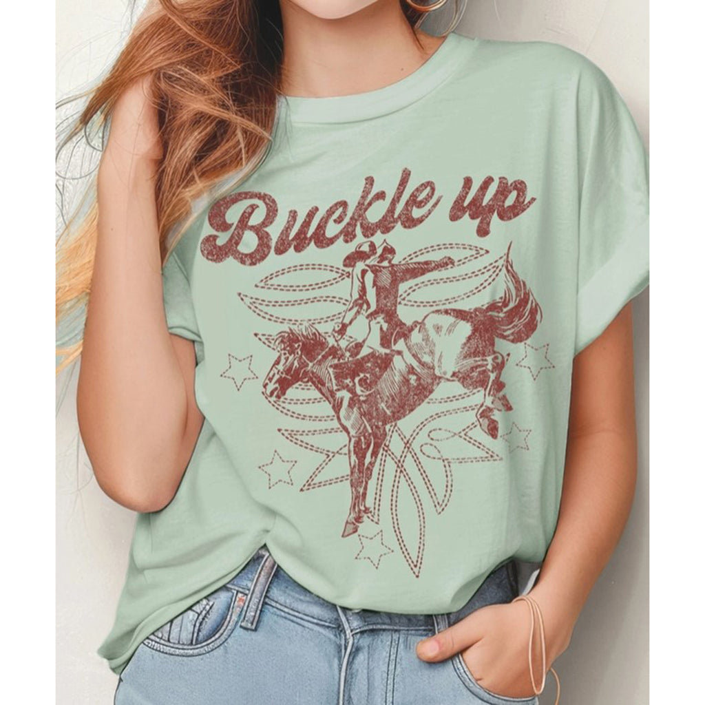Mint Buckle Up Saying T-shirt with Bronc Rider
