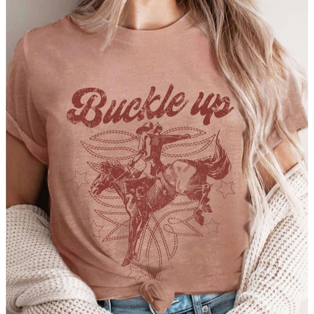 Mauve Buckle Up Saying T-shirt with Bronc Rider