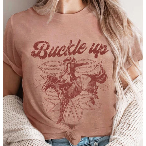 Mauve Buckle Up Saying T-shirt with Bronc Rider