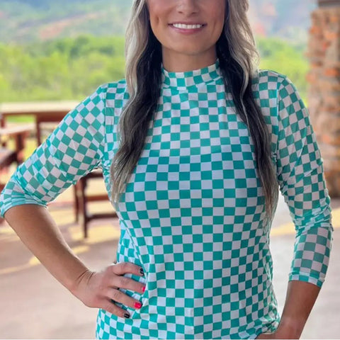 Turquoise and White Checkered Long Sleeve Mesh Top