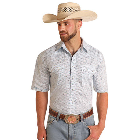 White/Gray and Blue Geo Print Short Sleeve Snap Shirt