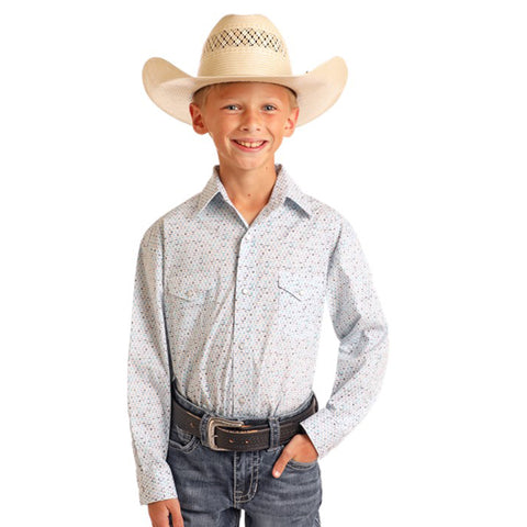 Boy's Blue and Grey Geo Print Snap Long Sleeve Shirt with Two Snap Chest Pockets