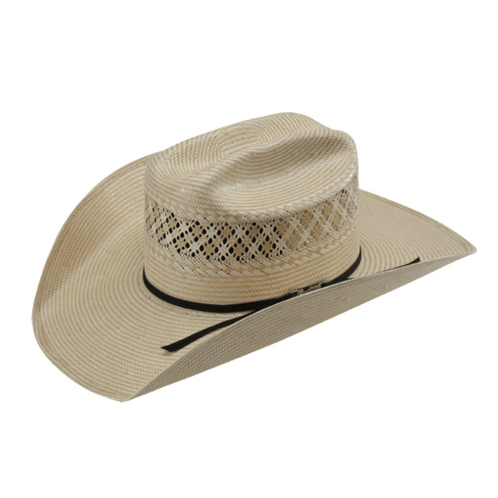Cream straw hat with beige accents and a thin black hat string. 