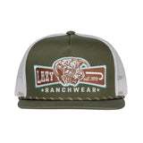 Olive and White Snapback with a Turquoise and Brown Diamond Banner Graphic
