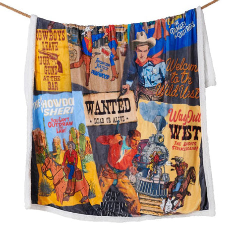 Sherpa Throw with a Printed Collage of Desert Cowboys and Outlaws