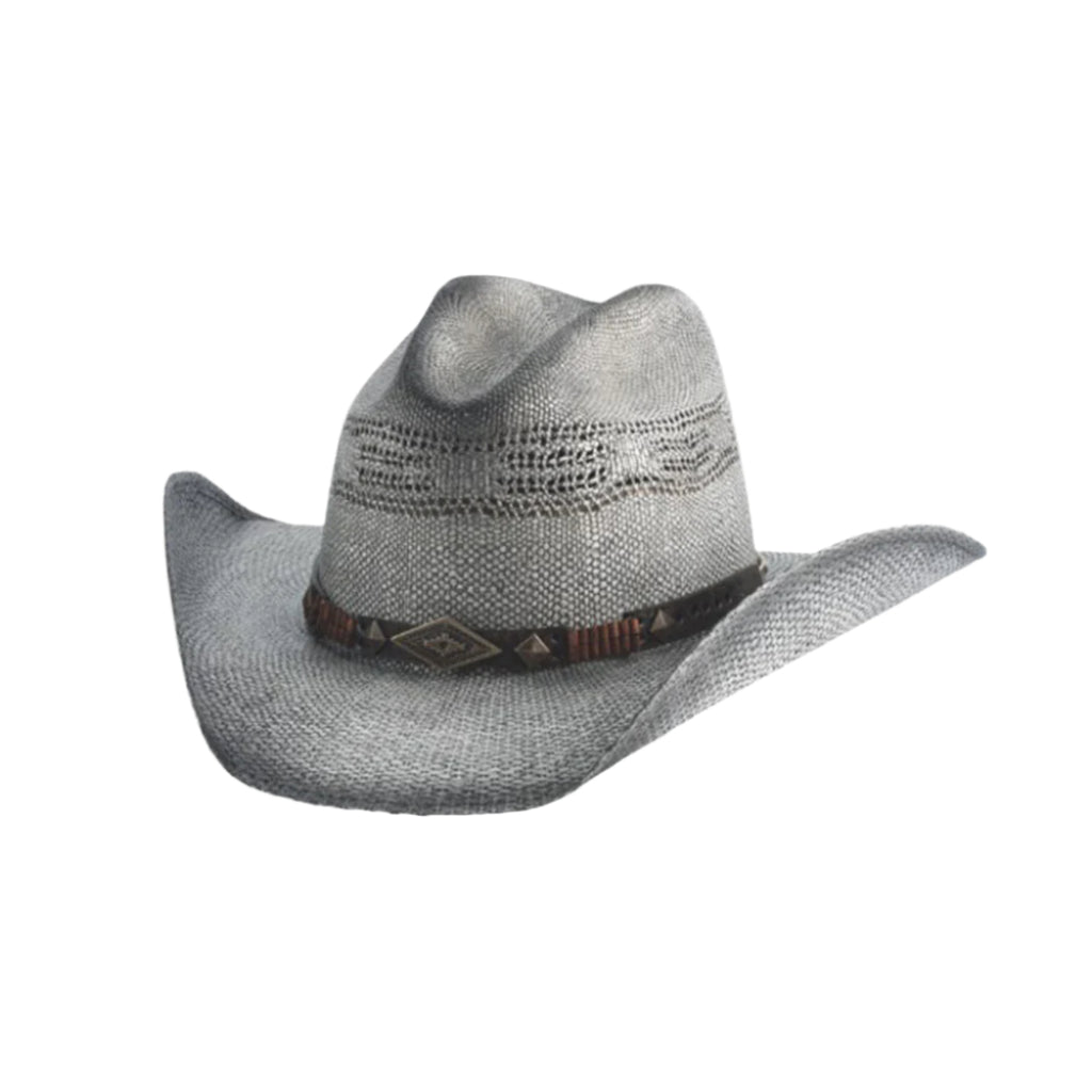 Gray Bangora Straw Hat with a Leather Hatband with Concho's