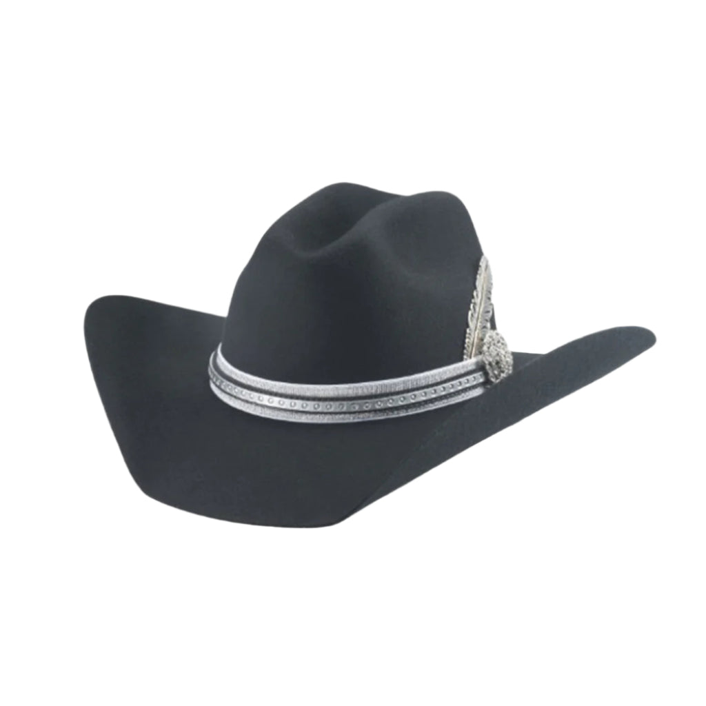 Black Wool Hat with a Silver Hat Band with a Concho and Feather and a 4 1/8" Brim