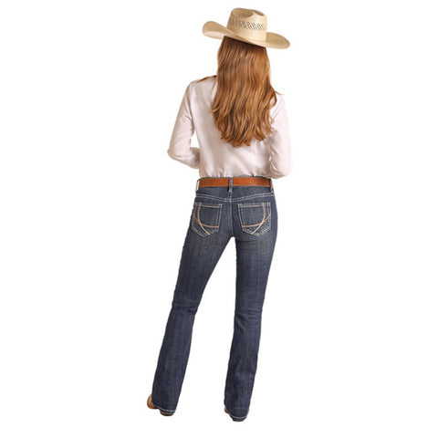 Dark Wash Riding Jeans with Curved Embroidered Back Pockets 