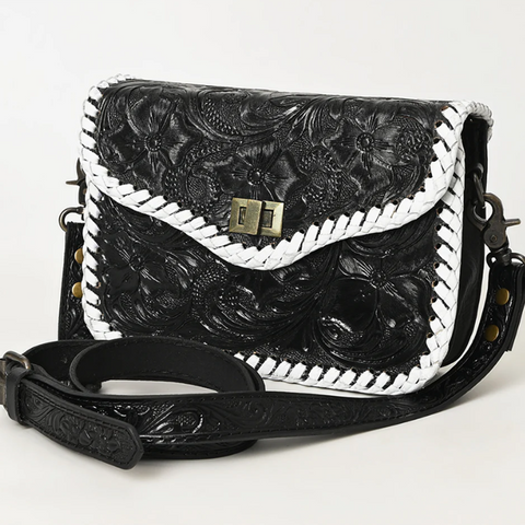 Black Tooled leather purse with white buck stitching