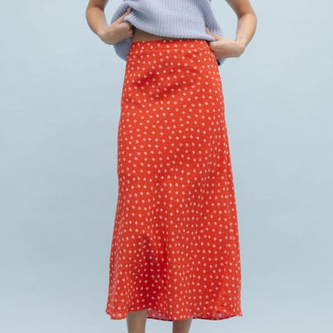 Red and White Floral Print Midi Skirt