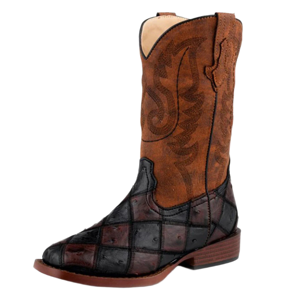 Faux Ostrich Brown and Black Patchwork Square Toe Boots