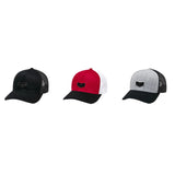 baseball caps made of cotton twill in black, red or heather grey with metal badge on front