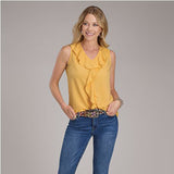 Yellow Rayon Crepe Sleeveless Blouse with Ruffle Collar and Center Front Ruffle
 