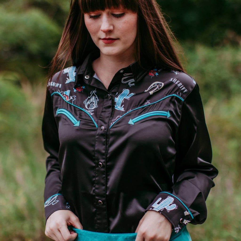 Black, Turquoise Western Yoke Satin Long Sleeve with Western Graphics