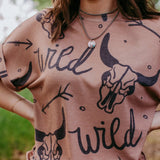 Women's Brown Wild Skull Oversized Tee
