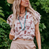 Beige Short Ruffle Sleeve Western Graphics Shirt