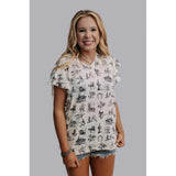Tan Ruffle Short Sleeve Top with Old West Graphics
