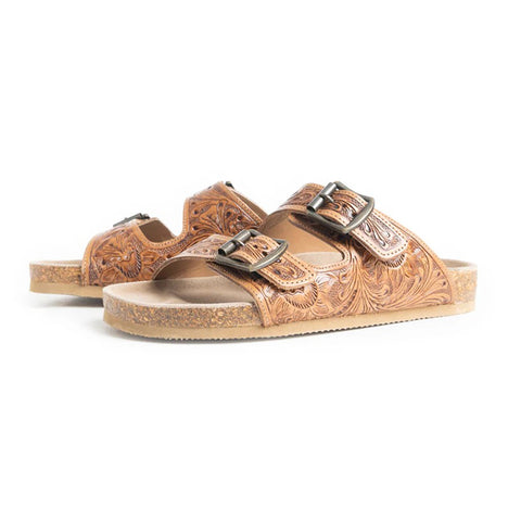 Tan Feather Tooled Double Strap Sandals 