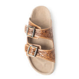 Tan Feather Tooled Double Strap Sandals
