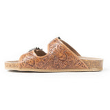 Tan Feather Tooled Double Strap Sandals
