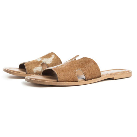 Brown & White Cowhide Slide Sandals
