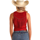 Red Studded Microsuede Fringe Vest