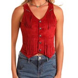 Red Studded Microsuede Fringe Vest