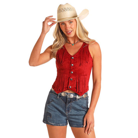 Red Studded Microsuede Vest with Fringe