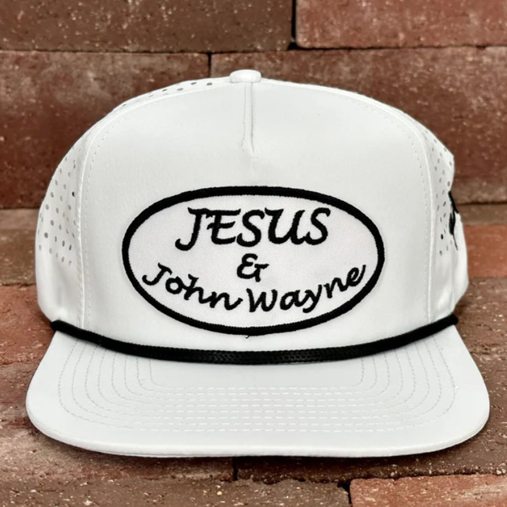 White Snapback with Black Roping Detail and Jesus & John Wayne on the Front