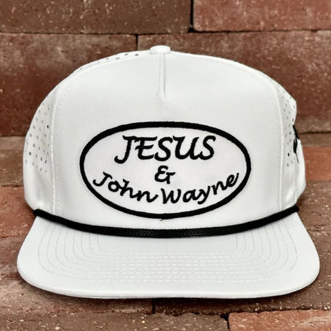 White Snapback with Black Roping Detail and Jesus & John Wayne on the Front