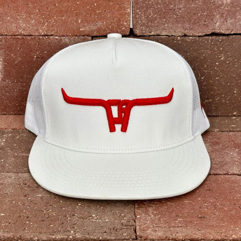 White Mesh Snapback with a Raised Red Stitched Longhorn