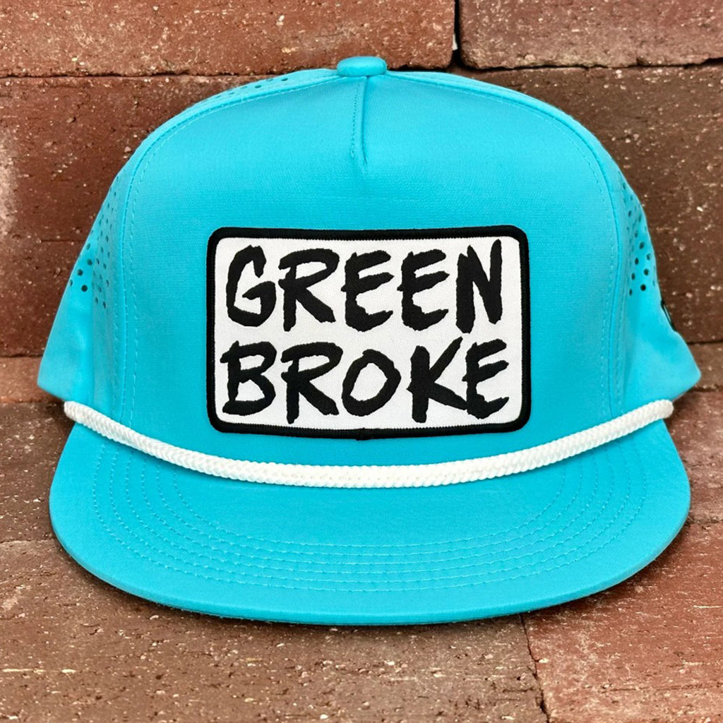 Turquoise Lazer Hole Snapback with White Rope Detail and Green Broke Patch