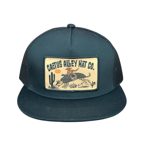 Black Cap with Black Mesh Snapback and Buckin Dillo Patch