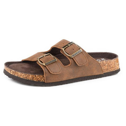 Brown Leather Two Strap Molded Cork Footbed Sandal