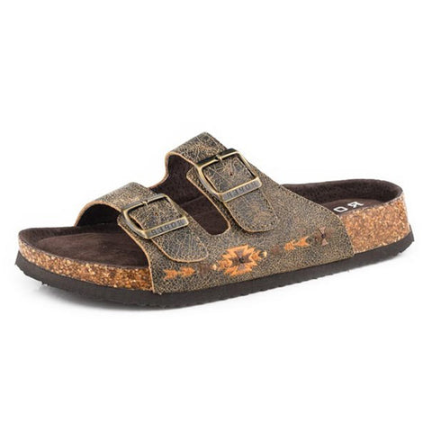 Brown Leather Two Strap with Molded Cork Footbed and Aztec Embroidery on the Side of the Sandal