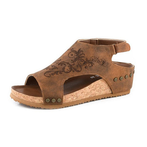 Brown Studded Wedge Sandal with a Western Laser Design on Upper