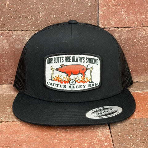 Black/Black Mesh Snapback with a Pig on a Rotisserie Patch