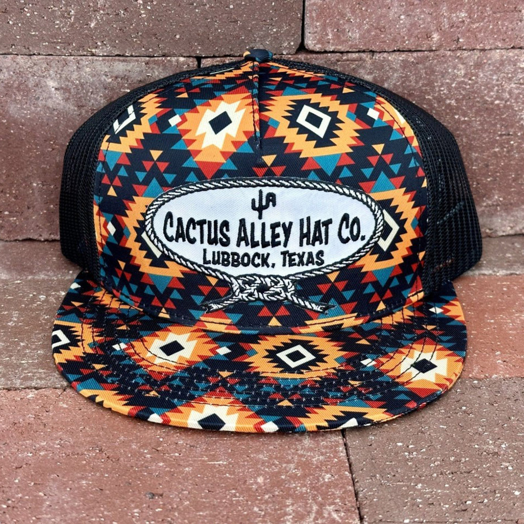 Sunburst Aztec Black Mesh Snapback with a Cactus Alley Rope Patch