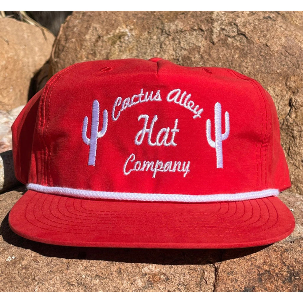 Solid Red Snapback with White Roping and Embroidered Cactus Alley Hat Co.